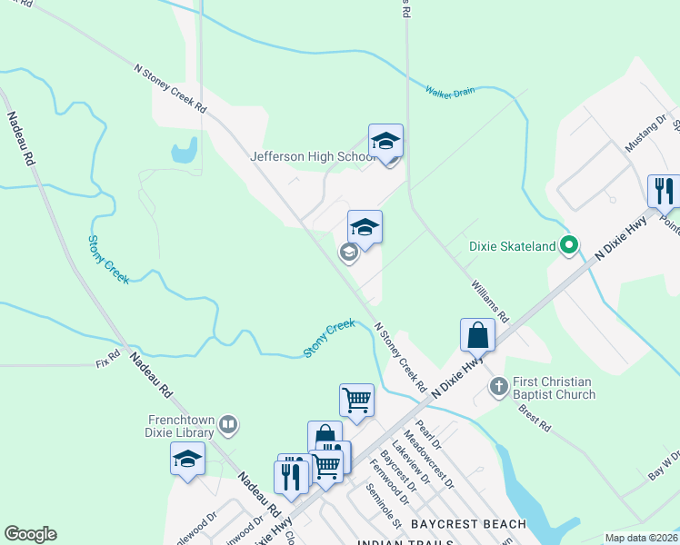 map of restaurants, bars, coffee shops, grocery stores, and more near 5102 North Stoney Creek Road in Monroe