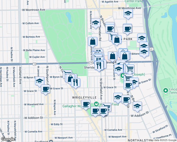 map of restaurants, bars, coffee shops, grocery stores, and more near 1059 West Dakin Street in Chicago