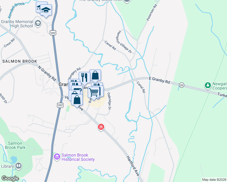 map of restaurants, bars, coffee shops, grocery stores, and more near 45 East Granby Road in Granby