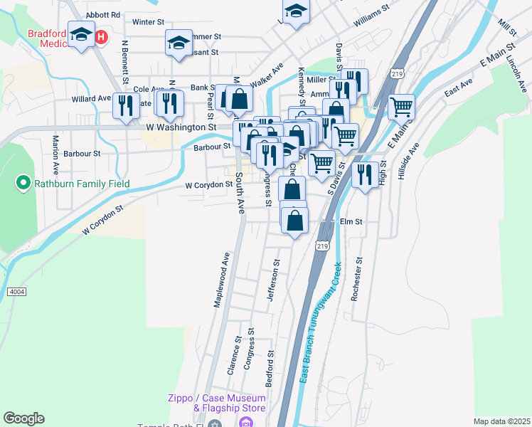 map of restaurants, bars, coffee shops, grocery stores, and more near 72 Congress Street in Bradford