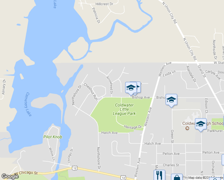 map of restaurants, bars, coffee shops, grocery stores, and more near 24 Arrowhead Drive in Coldwater
