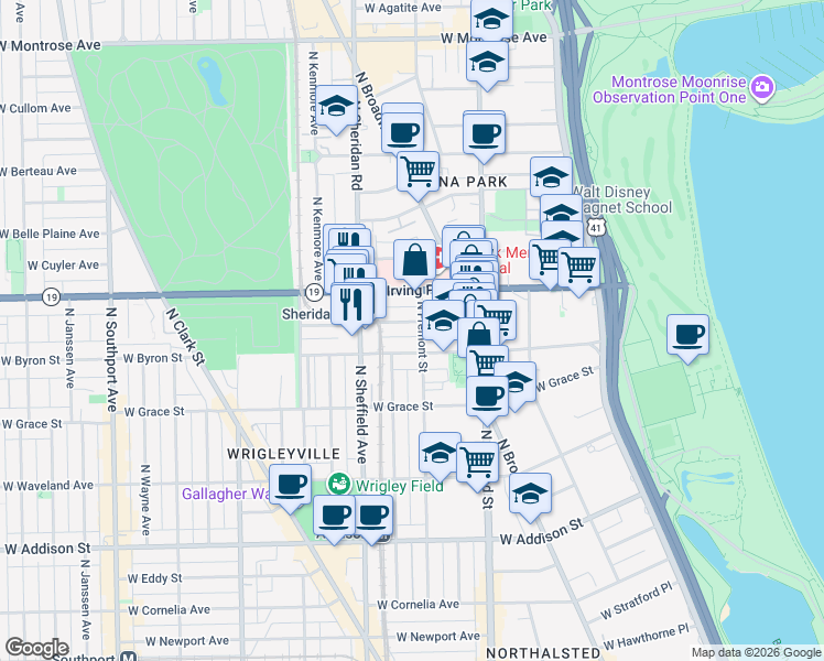 map of restaurants, bars, coffee shops, grocery stores, and more near 903 West Dakin Street in Chicago