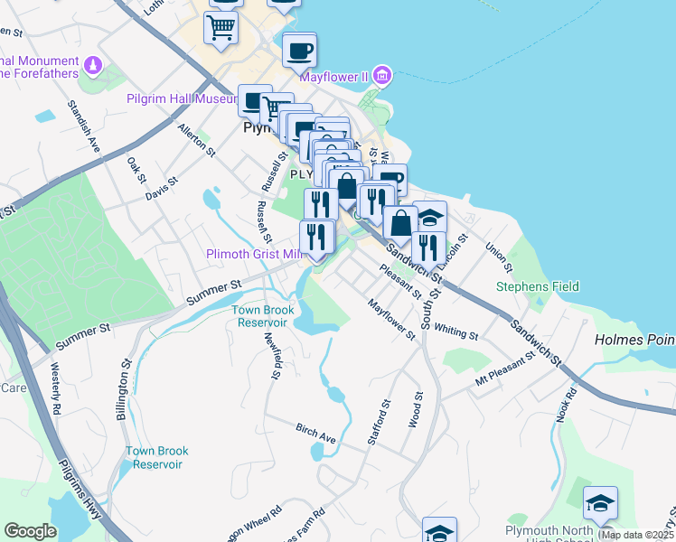 map of restaurants, bars, coffee shops, grocery stores, and more near 1 Sagamore Street in Plymouth