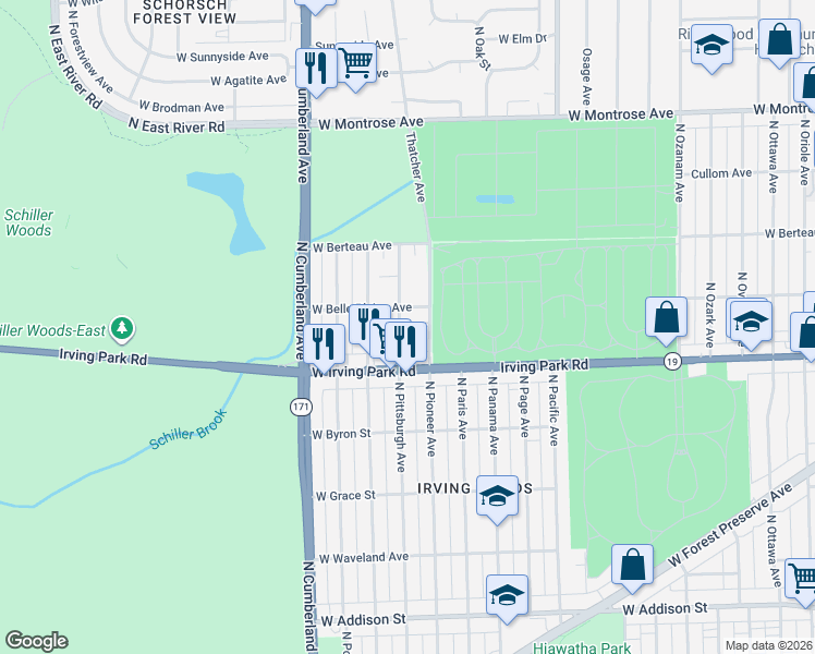 map of restaurants, bars, coffee shops, grocery stores, and more near 4045 North Pittsburgh Avenue in Chicago