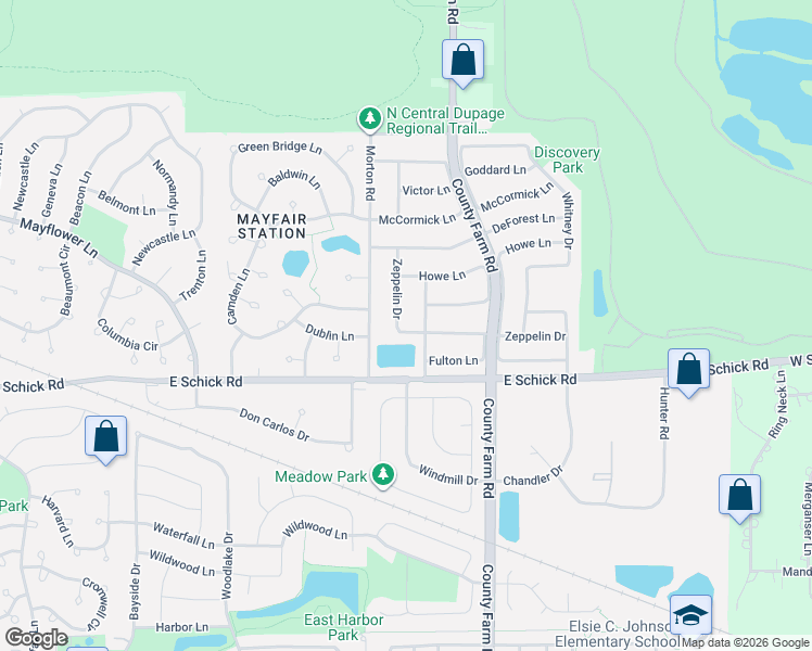 map of restaurants, bars, coffee shops, grocery stores, and more near 4495 Zeppelin Drive in Hanover Park