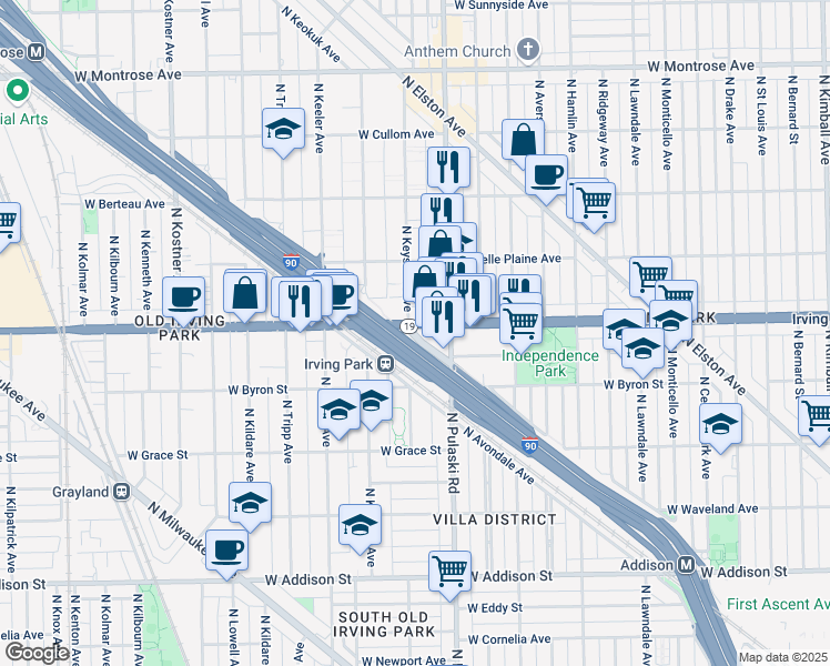map of restaurants, bars, coffee shops, grocery stores, and more near 4039 Irving Park Road in Chicago
