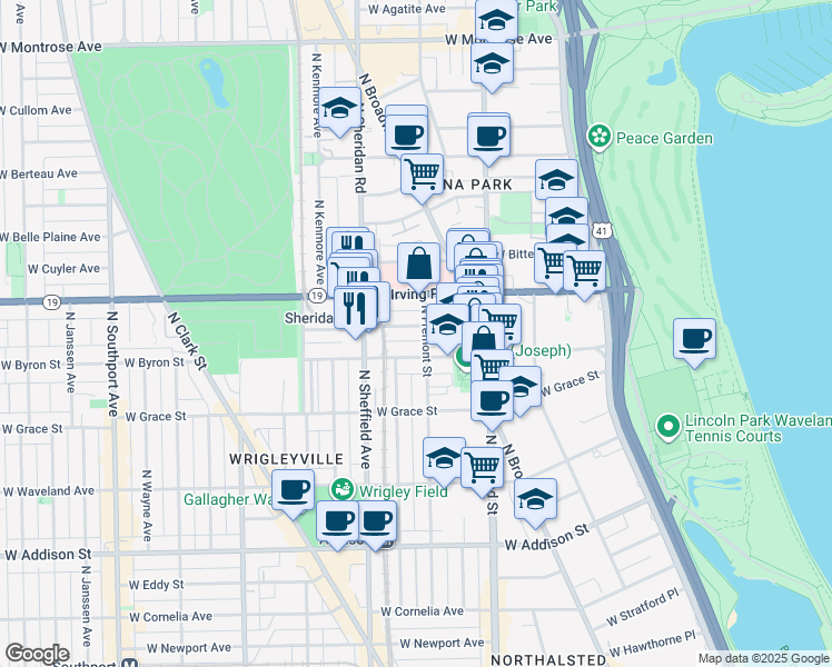 map of restaurants, bars, coffee shops, grocery stores, and more near 903 West Dakin Street in Chicago