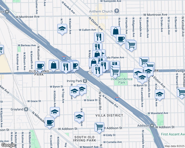 map of restaurants, bars, coffee shops, grocery stores, and more near 4027 West Irving Park Road in Chicago