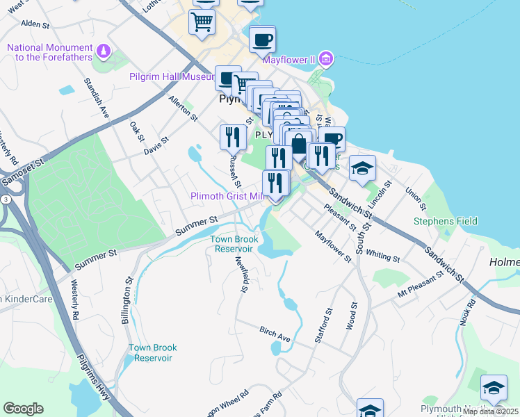 map of restaurants, bars, coffee shops, grocery stores, and more near 70 Summer Street in Plymouth