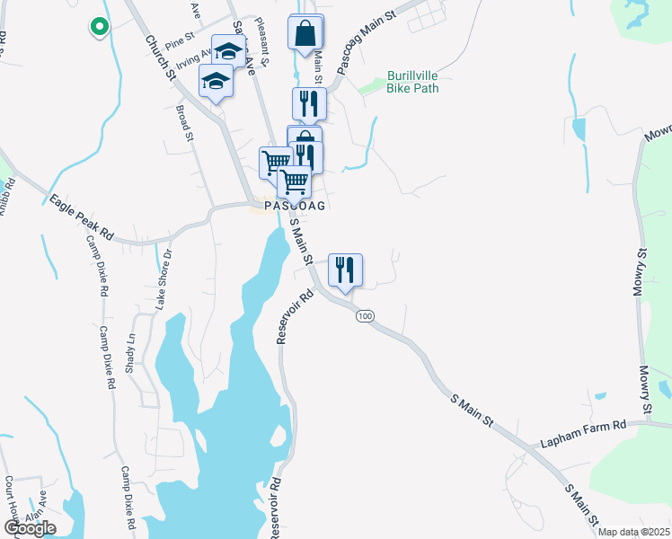 map of restaurants, bars, coffee shops, grocery stores, and more near 53 Griffin Street in Burrillville