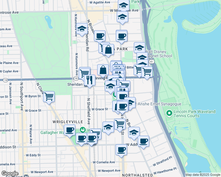 map of restaurants, bars, coffee shops, grocery stores, and more near 819 West Dakin Street in Chicago