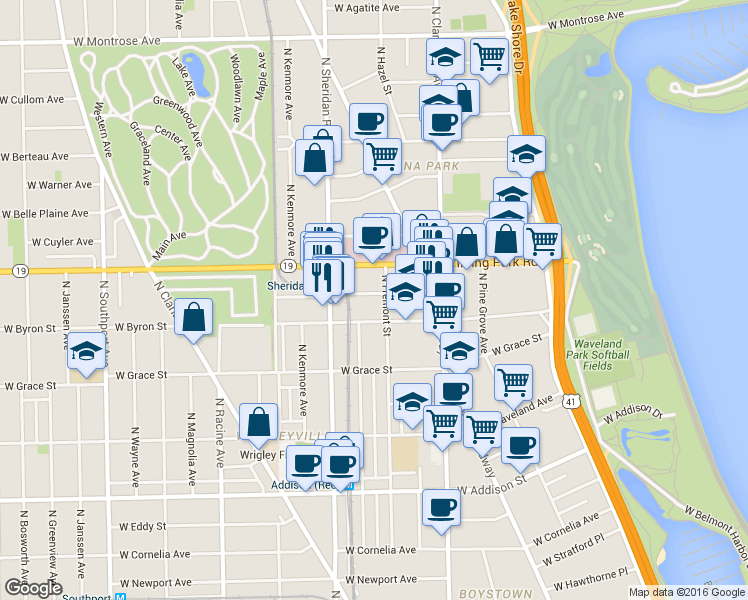 map of restaurants, bars, coffee shops, grocery stores, and more near 903 West Dakin Street in Chicago