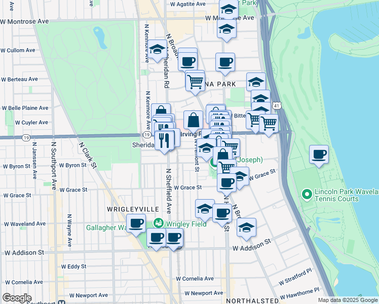 map of restaurants, bars, coffee shops, grocery stores, and more near 903 West Dakin Street in Chicago