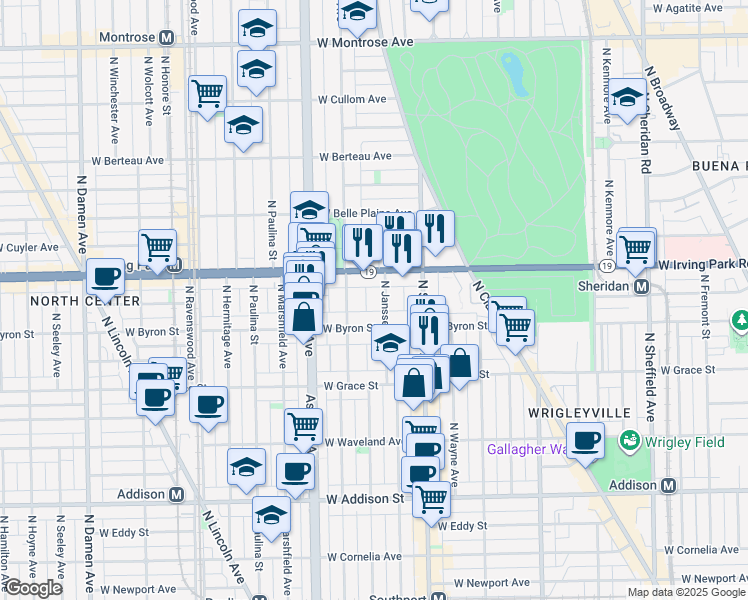 map of restaurants, bars, coffee shops, grocery stores, and more near 3934 North Janssen Avenue in Chicago
