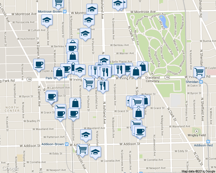 map of restaurants, bars, coffee shops, grocery stores, and more near 1515 West Irving Park Road in Chicago