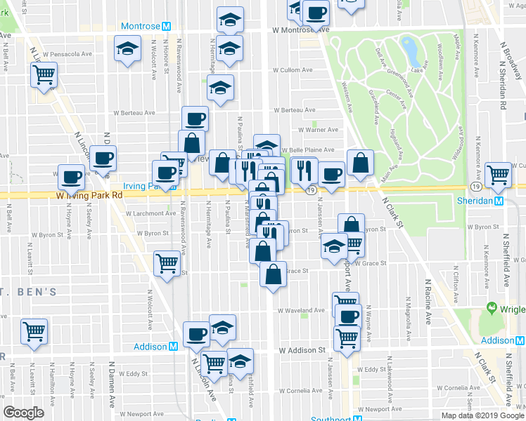 map of restaurants, bars, coffee shops, grocery stores, and more near 1515 West Irving Park Road in Chicago