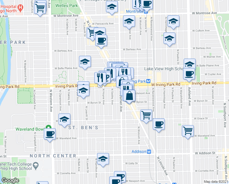 map of restaurants, bars, coffee shops, grocery stores, and more near in Chicago