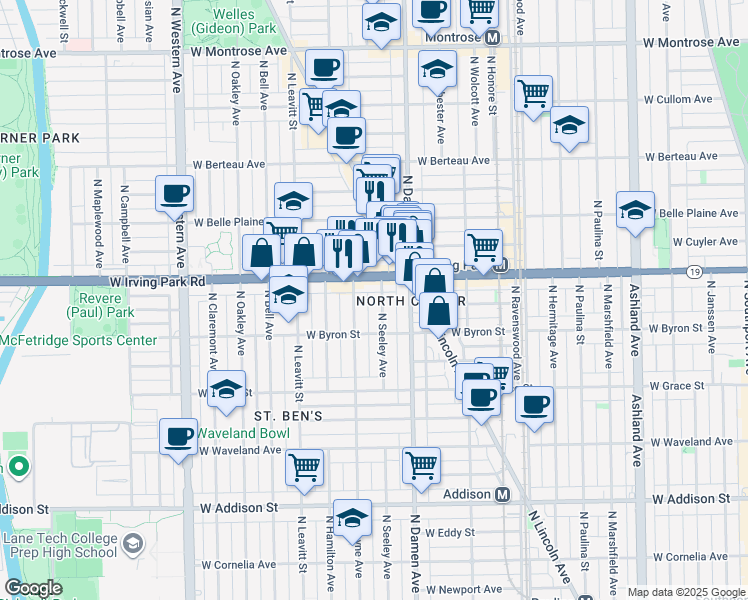 map of restaurants, bars, coffee shops, grocery stores, and more near 3943 North Hoyne Avenue in Chicago