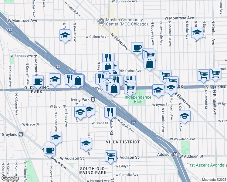 map of restaurants, bars, coffee shops, grocery stores, and more near 3965 Illinois 19 in Chicago