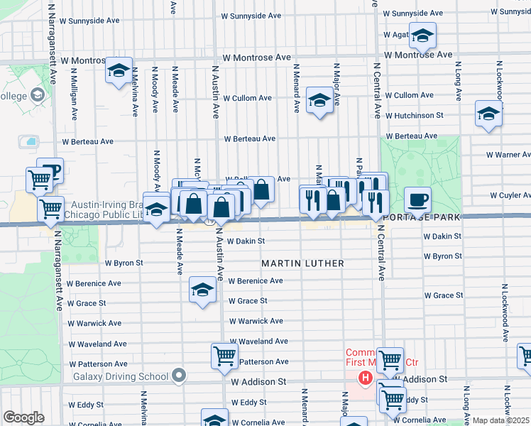 map of restaurants, bars, coffee shops, grocery stores, and more near 5852 Irving Park Road in Chicago