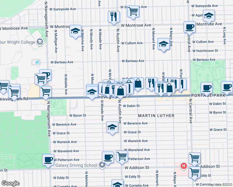 map of restaurants, bars, coffee shops, grocery stores, and more near 4012 North Austin Avenue in Chicago