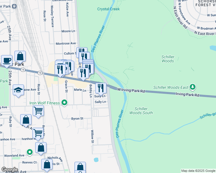 map of restaurants, bars, coffee shops, grocery stores, and more near 9280 Irving Park Road in Schiller Park