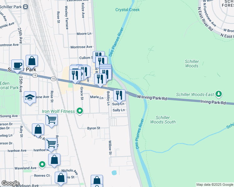 map of restaurants, bars, coffee shops, grocery stores, and more near 9227 Irving Park Road in Schiller Park