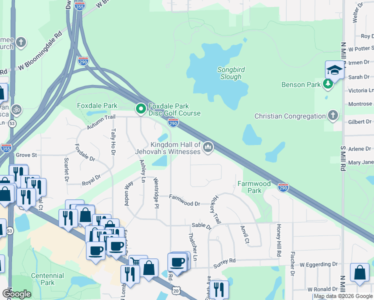 map of restaurants, bars, coffee shops, grocery stores, and more near 1224 Grove Street in Addison