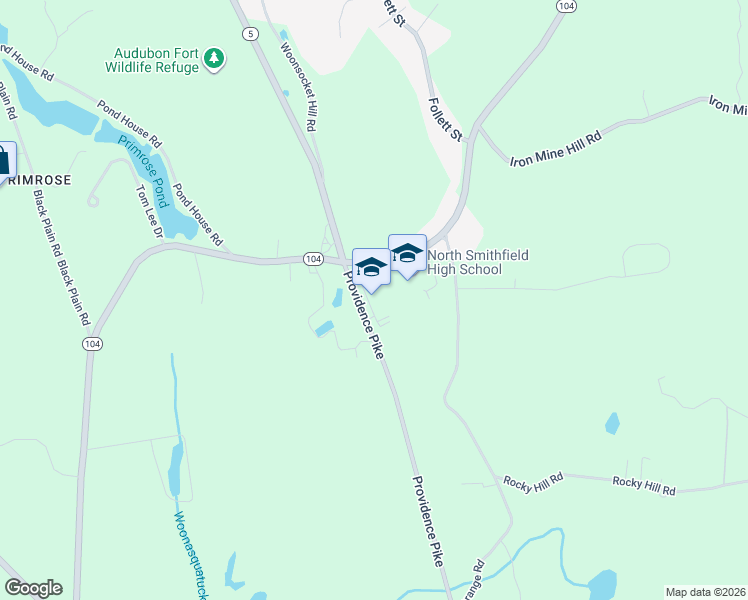 map of restaurants, bars, coffee shops, grocery stores, and more near 1850 Providence Pike in North Smithfield