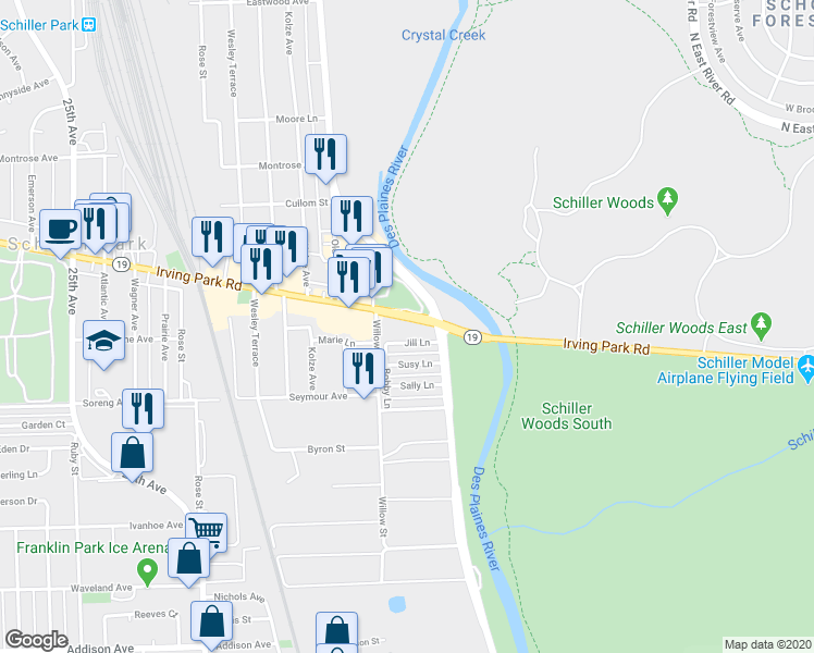 map of restaurants, bars, coffee shops, grocery stores, and more near 9227 West Irving Park Road in Schiller Park
