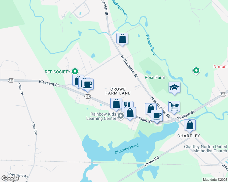 map of restaurants, bars, coffee shops, grocery stores, and more near 10 Crowe Farm Lane in Norton