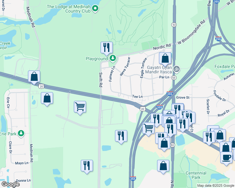 map of restaurants, bars, coffee shops, grocery stores, and more near 301 Tee Lane in Itasca