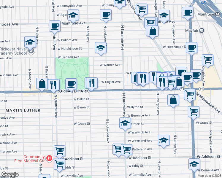 map of restaurants, bars, coffee shops, grocery stores, and more near 5244 Irving Park Road in Chicago