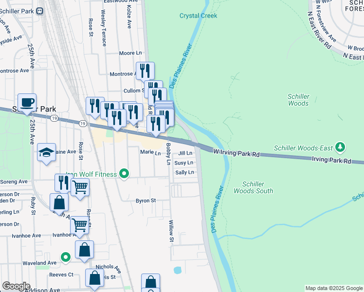 map of restaurants, bars, coffee shops, grocery stores, and more near 9227 Irving Park Road in Schiller Park