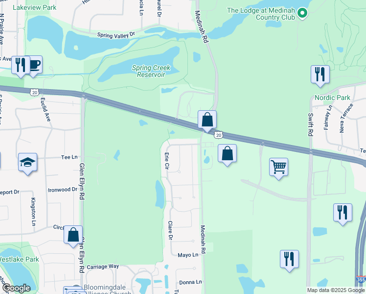 map of restaurants, bars, coffee shops, grocery stores, and more near 135 Huron Drive in Bloomingdale