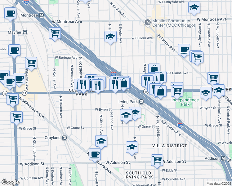 map of restaurants, bars, coffee shops, grocery stores, and more near 4217 West Irving Park Road in Chicago