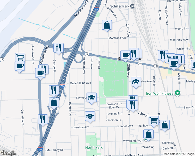 map of restaurants, bars, coffee shops, grocery stores, and more near 4116 Scott Street in Schiller Park
