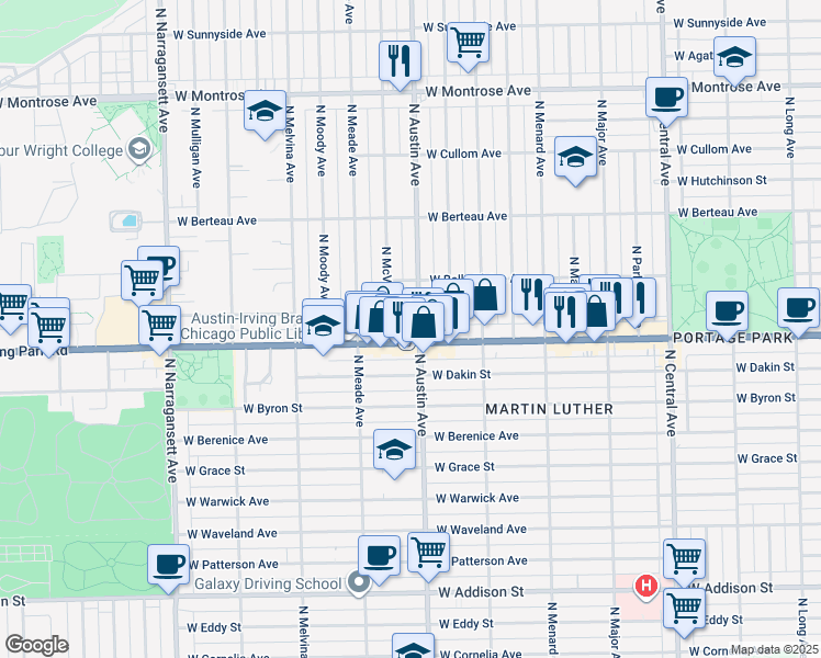 map of restaurants, bars, coffee shops, grocery stores, and more near 4012 North Austin Avenue in Chicago