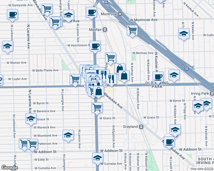 map of restaurants, bars, coffee shops, grocery stores, and more near West Irving Park Road & North Kilpatrick Avenue in Chicago