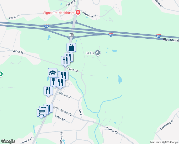 map of restaurants, bars, coffee shops, grocery stores, and more near 251-REAR Oak St in Raynham