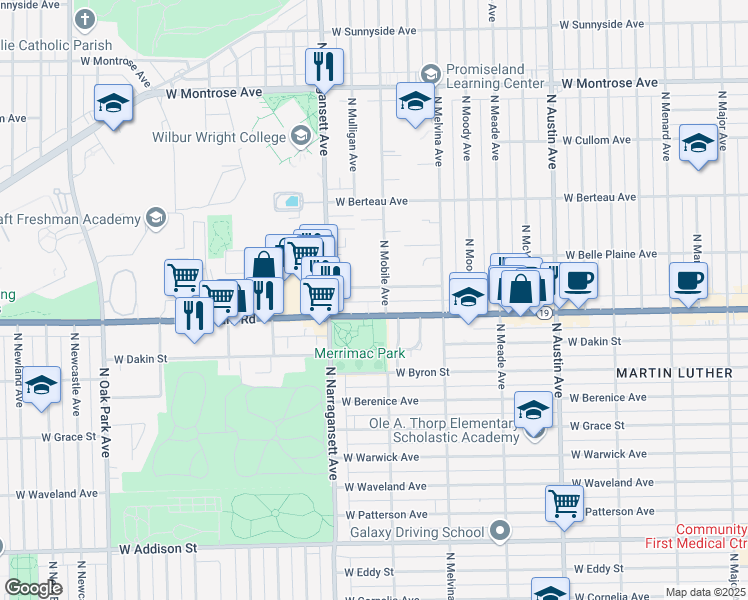 map of restaurants, bars, coffee shops, grocery stores, and more near 6309 West Cuyler Avenue in Chicago