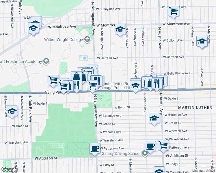 map of restaurants, bars, coffee shops, grocery stores, and more near 6309 West Cuyler Avenue in Chicago