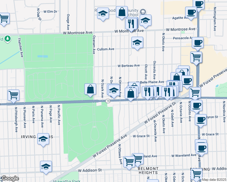 map of restaurants, bars, coffee shops, grocery stores, and more near 4035 North Overhill Avenue in Norridge