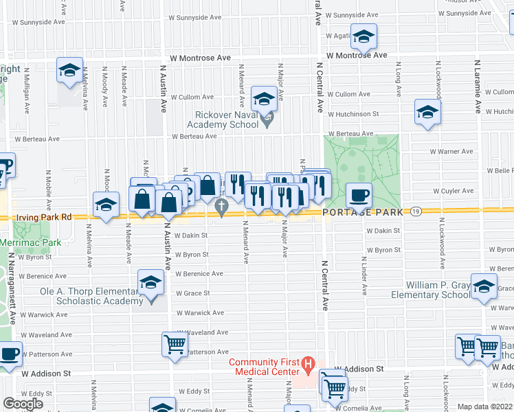 map of restaurants, bars, coffee shops, grocery stores, and more near 5740 Irving Park Road in Chicago