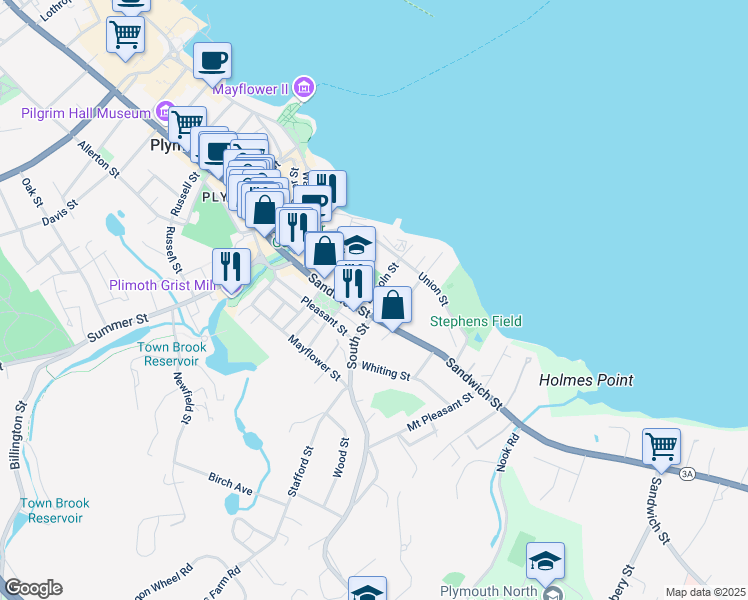map of restaurants, bars, coffee shops, grocery stores, and more near 15 Lincoln Street in Plymouth