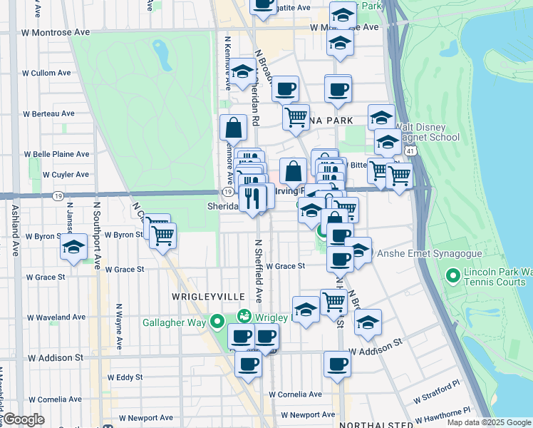 map of restaurants, bars, coffee shops, grocery stores, and more near 949 West Dakin Street in Chicago