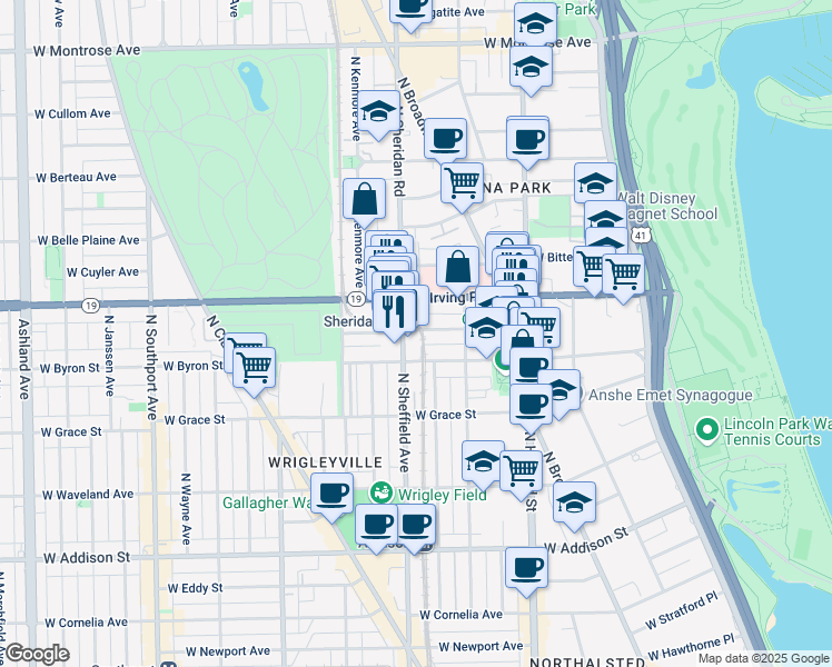 map of restaurants, bars, coffee shops, grocery stores, and more near 949 West Dakin Street in Chicago