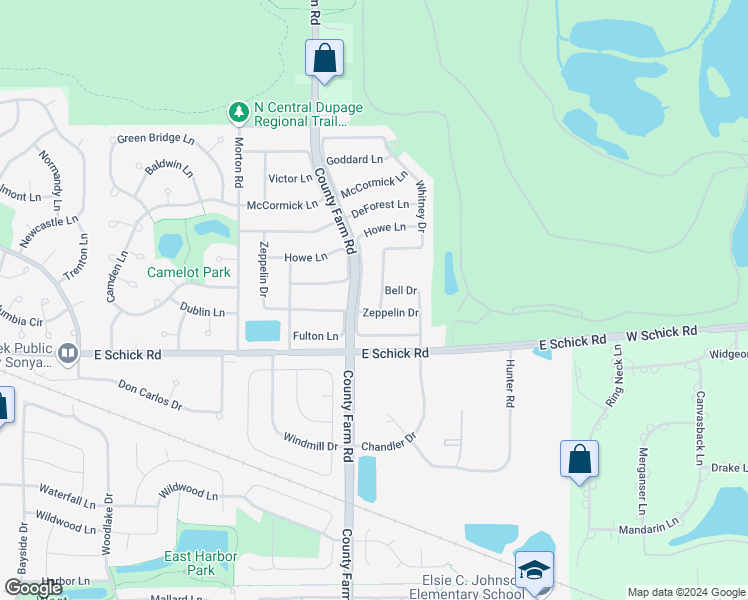 map of restaurants, bars, coffee shops, grocery stores, and more near 4492 Whitney Drive in Hanover Park