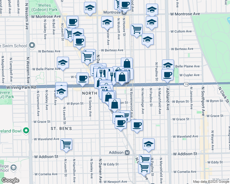 map of restaurants, bars, coffee shops, grocery stores, and more near 1900 West Larchmont Avenue in Chicago