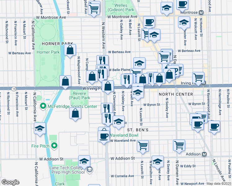 map of restaurants, bars, coffee shops, grocery stores, and more near 3943 North Claremont Avenue in Chicago